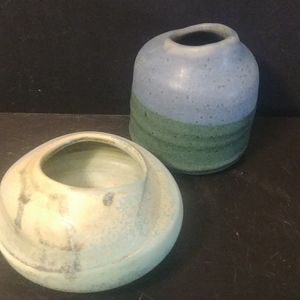 2 Abstract Green/Blue Stoneware and Limestone Studio Pottery Vases Signed
